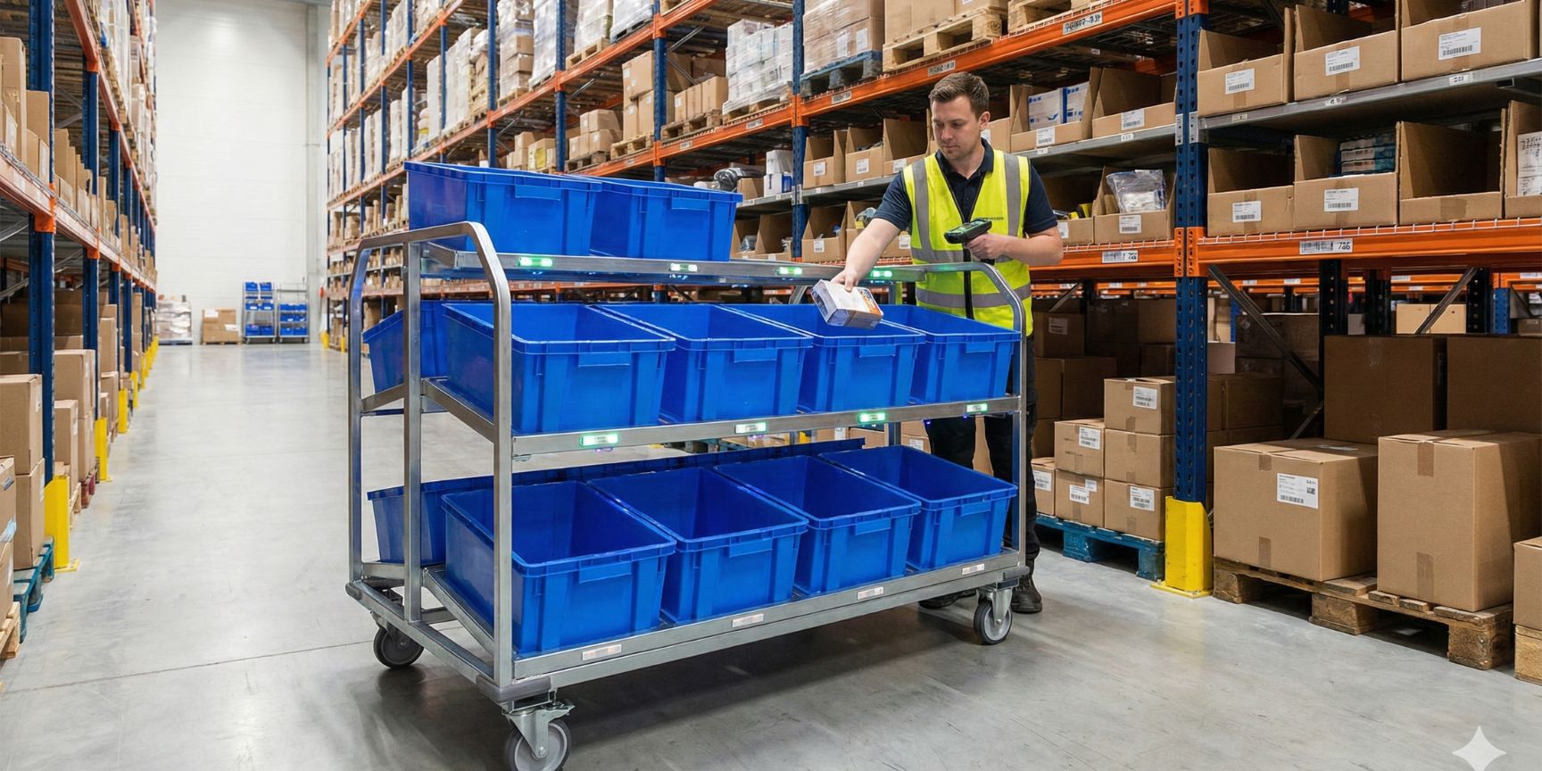 : A logistics employee uses a multi-order picking trolley with several blue containers and a pick-to-light system in a modern high-bay warehouse for cluster picking (sort-while-pick).